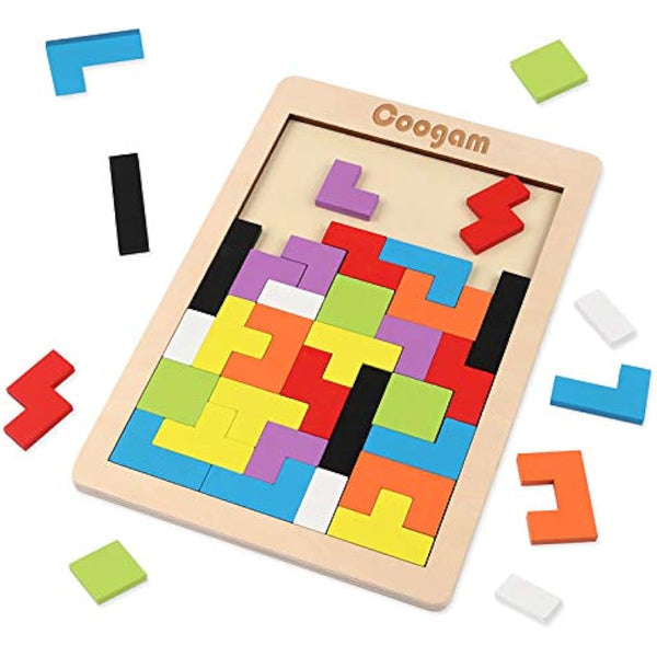 Coogam Wooden Intelligence Puzzle 40 Pcs Tangram Jigsaw Brain Teaser Toy for Kids Wood Puzzle Box Brain Game Building Block Intelligence Educational Gift for Toddlers