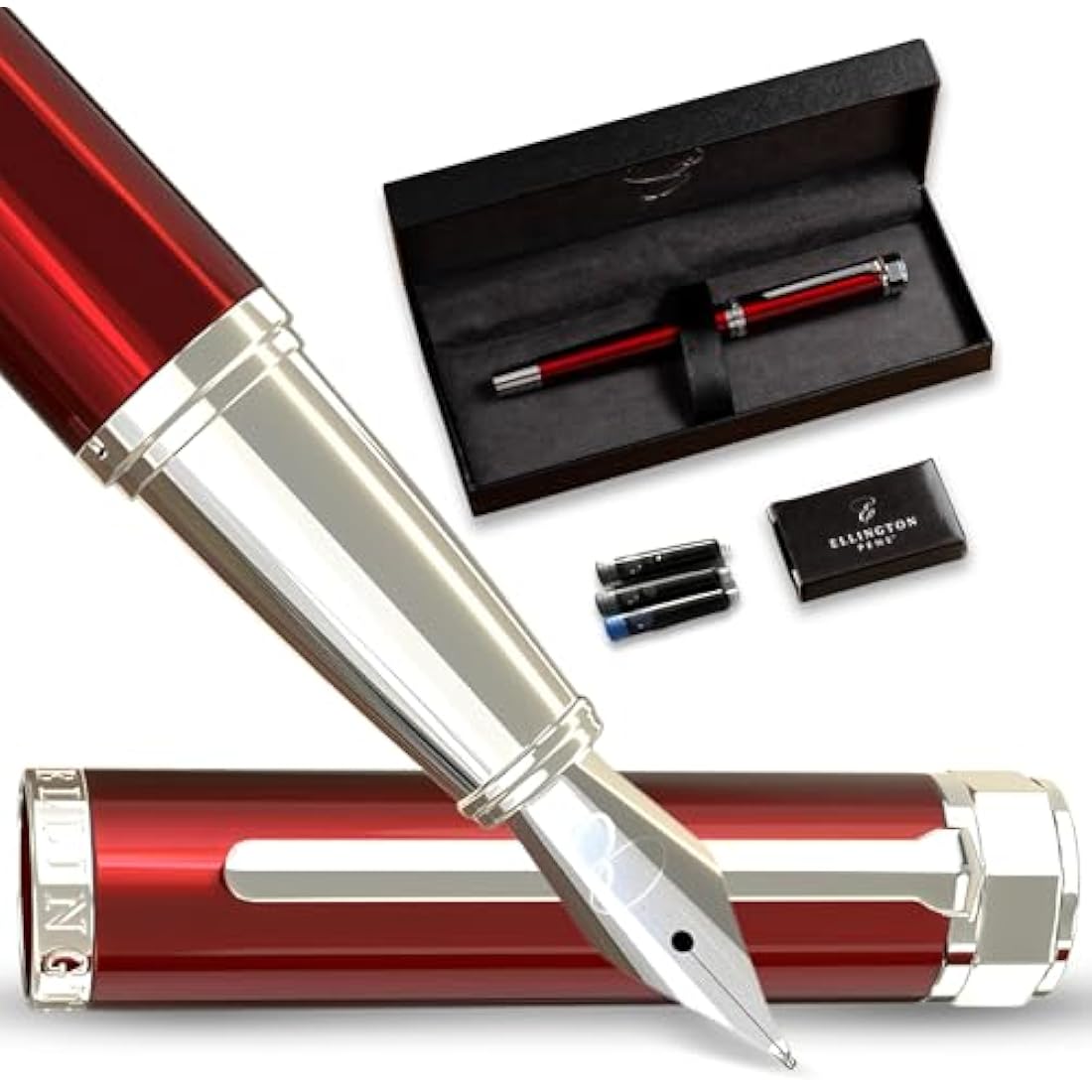 Ellington Pens Luxury Fountain Pen Set- Fountain Pens for Writing - Smooth Nib - Includes Refillable Ink Converter, 3 Ink Cartridges [2 Black & 1 Blue], Gift Box - Elegant Calligraphy