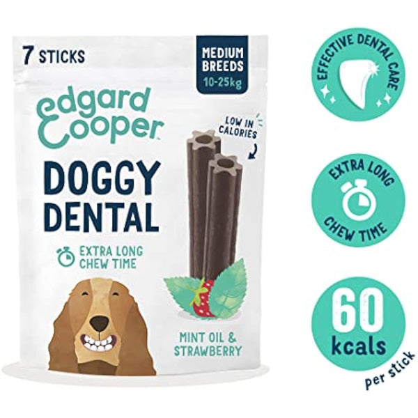 Edgard Cooper Treats Dental Stick, Medium - Mint and Strawberry - (8 x 7 stick pack), Natural Dog Chew Sticks, Dental Hygiene, One per Day, Low Calorie, Long Chewing, Fresh Breath