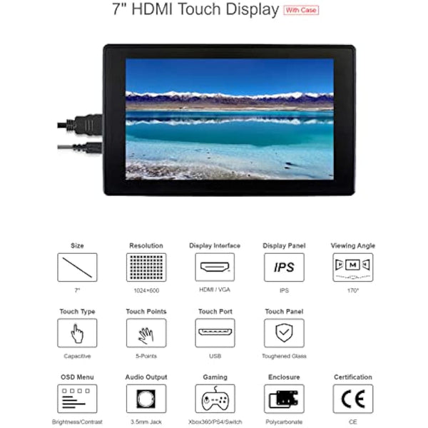ingcool 7inch HDMI LCD with Case for Raspberry Pi Capacitive Touchscreen 1024×600 IPS Display Screen Monitor Compatible with Raspberry Pi 4B/3B+/3B/Zero/Jetson Nano Support Windows 10/8.1/8/7