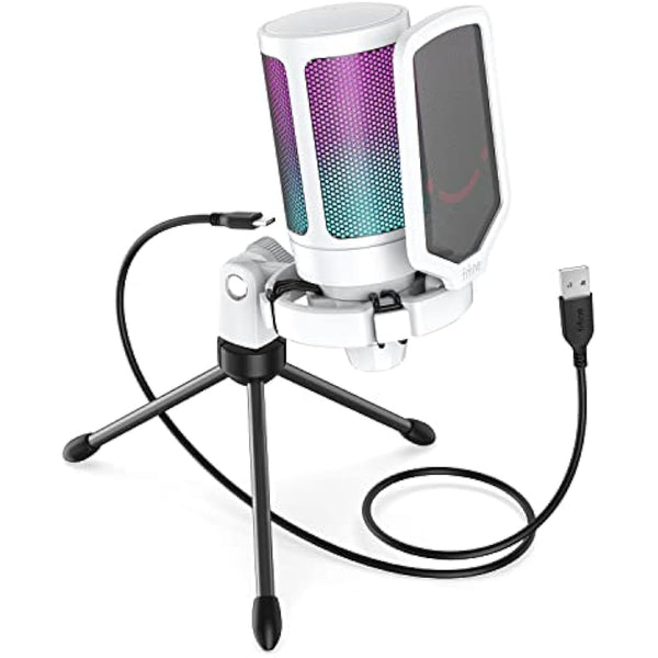 FIFINE USB Microphone for Gaming Streaming, PC Computer Desktop RGB Mic with Condenser Cardioid Capsule, Gain Knob, Shock Mount, Stand for Home Use, Online Meeting on Mac OS, Windows-A6V White