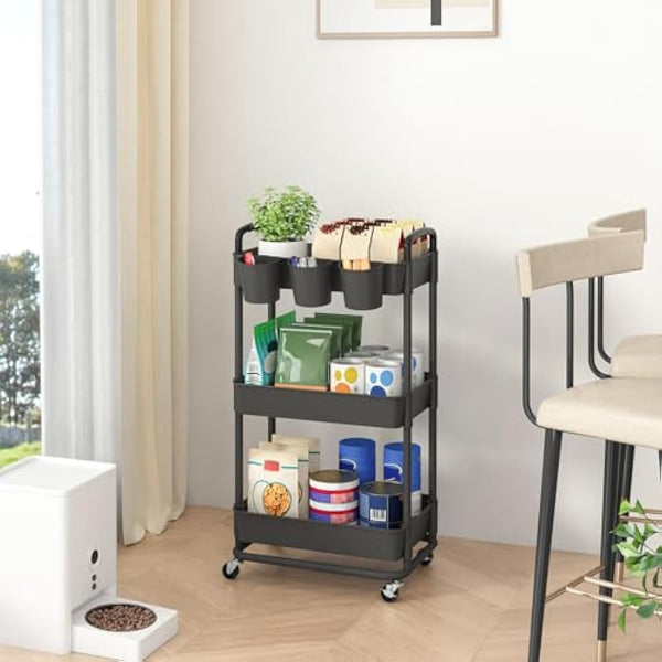 JIUYOTREE 3-Tier Plastic Rolling Storage Cart Utility Cart with Extra Hanging Cups Handles Lockable Wheels for Living Room Bathroom Kitchen Office Black