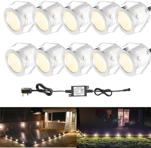 INDARUN Warm White Led Decking Lights Outdoor Waterproof IP67 Ø30MM 12V - Led Plinth Light Kits for Terrace/Patio/Path/Wall/Garden/Decoration, 10 Packs