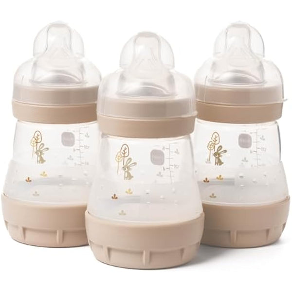 MAM Easy Start Anti-Colic Baby Bottles | 3 Pack (3 x 160ml) | Self-Sterilising Baby Milk Bottle | Slow Flow MAM Teats Size 1 | Newborn Essentials | Beige (Various Designs)