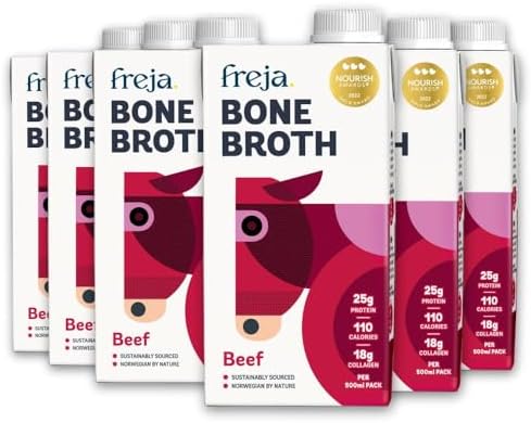 Freja Beef Bone Broth | Grass-Fed | Collagen, Protein & Amino Acids | Low Carb, Keto & Gluten Free | Clear Liquid Broth, not Beef Stock Cubes, Powder or Concentrate | 6 x 500ml