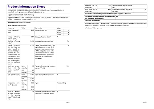 Samsung Series 5 11kg Washing Machine, AI Energy and WiFi-enabled, White, WW11DG5B25TEEU