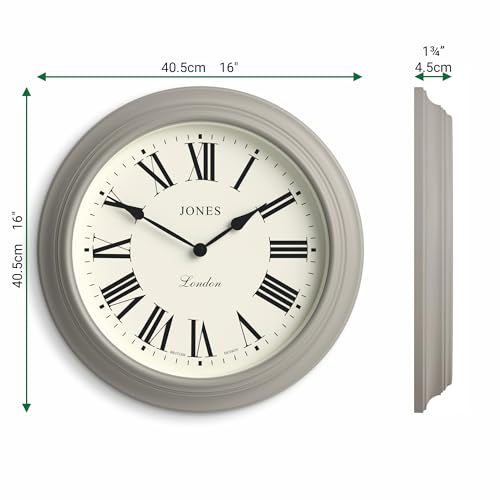 Jones Clocks Supper Club wall clock | Large classic round clock | 40cm | Mid grey | Roman numerals |Traditional design ideal for kitchen or living