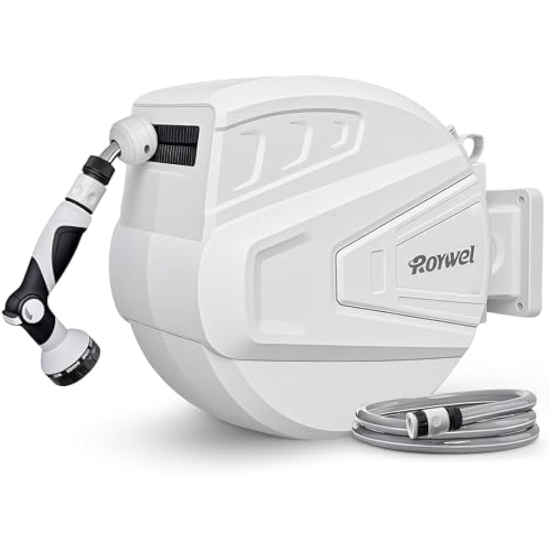 Roywel Auto Reel Garden Hose 30M，Hose Reel Wall Mounted，Auto Rewind, Self-Locking System,180° Pivotal with Multifunction Spray Nozzle