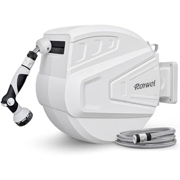 Roywel Auto Reel Garden Hose 30M，Hose Reel Wall Mounted，Auto Rewind, Self-Locking System,180° Pivotal with Multifunction Spray Nozzle