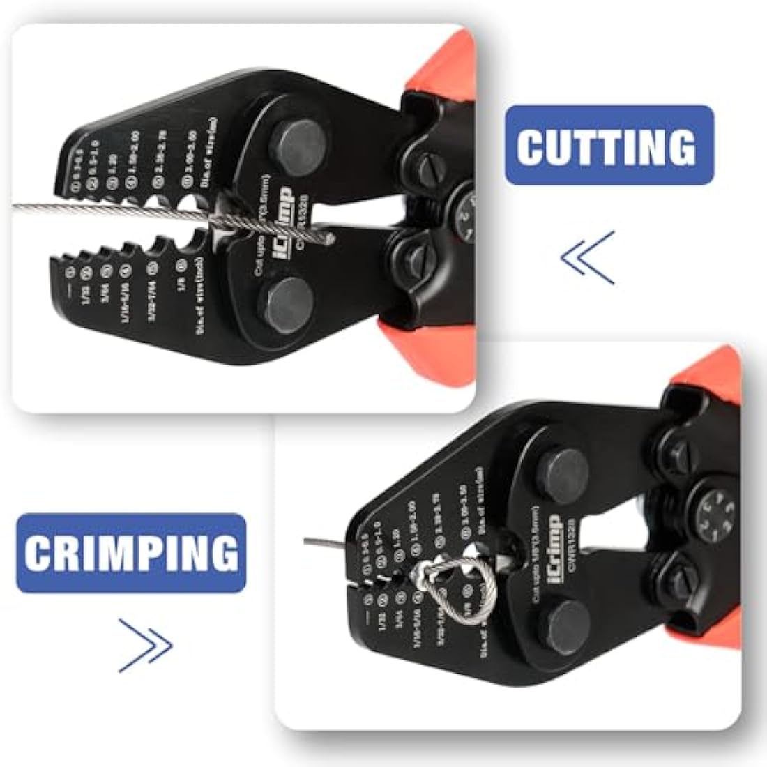 iCrimp CWR1328 Wire Rope Crimping Tool, Hand Swaging Tool for 0.3mm–3.5mm Diameter Wire Rope, Integrated Cutter for Aluminum Oval Sleeves and Stop Sleeves, Ideal for Cable Railing and Fishing