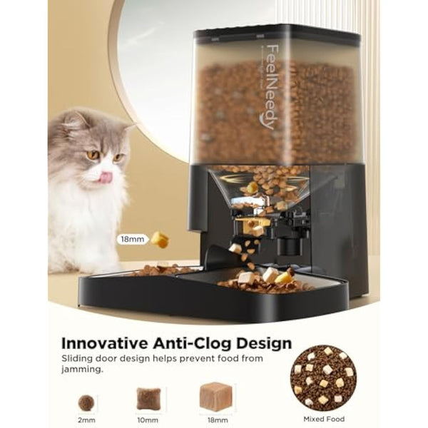FEELNEEDY 5L Automatic Pet Feeder, Automatic Cat Feeder with Timer, Up to 6 Meals per Day with 2 Detachable Cat Bowls, Battery/Plug-in Power, 10s Voice Recording