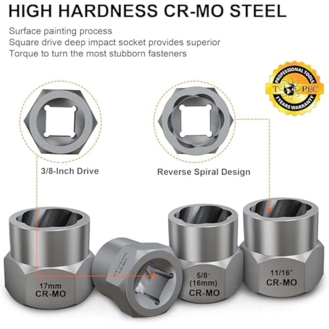 13+1 Piece Impact Bolt & Nut Remover Set - 3/8" Drive with Nut Extractor Socket, Hex Adapter, and Bolt Remover Tool for Damaged, Rusted, or Rounded-Off Bolts, Nuts, and Screws