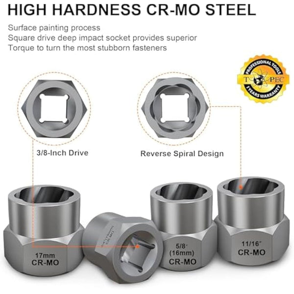 13+1 Piece Impact Bolt & Nut Remover Set - 3/8" Drive with Nut Extractor Socket, Hex Adapter, and Bolt Remover Tool for Damaged, Rusted, or Rounded-Off Bolts, Nuts, and Screws