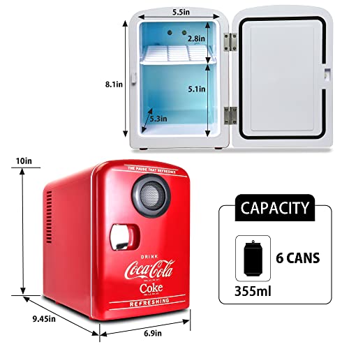 Coca-Cola Mini Fridges for Bedrooms 4L Quiet Small 6 Can Table Top Fridge For Drinks Food Coke Kids Skincare Office Home Desk Portable Retro Cooler Warmer with Built-In Bluetooth Wireless Speaker Red