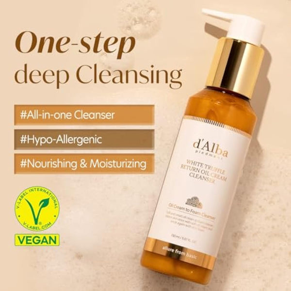 d’Alba Italian White Truffle White Truffle Return Oil Cream Cleanser, Vegan, Easy One Step Cleaser that Removes Sebum + Makeup Removal, Suitable for Sensitive Skin