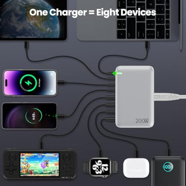 200W USB C Fast Charger Block,Upgraded GaN III 8-Port Charging Station Hub,PD 65W Laptop Charger Power Adapter Compatible with MacBook Pro/Air,Dell XPS, iPhone 16/15/Pro/14,Galaxy S24/S23 etc-White