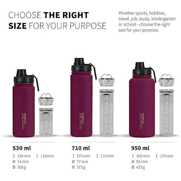 720°DGREE Vaccum Insulated Water Bottle + Infuser “noLimit“ - 950ml - Leakproof, BPA-Free, Thermo Stainless Steel Flask - Carbonated Drinks, Sports, School, Travel, Hiking, Outdoor +Sports-Cap