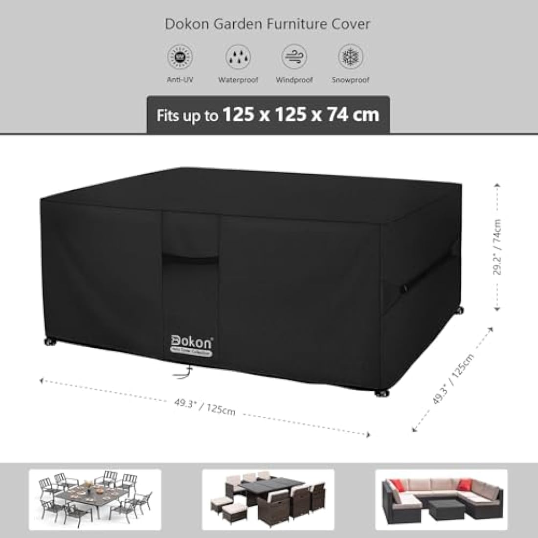 Dokon Cube Garden Furniture Covers Waterproof, 125x125x74cm Heavy Duty 420D Oxford Fabric Windproof Anti-UV Patio Table Cover with Air Vent, Outdoor Table and Chairs Cover Outside Rattan Sofa Covers