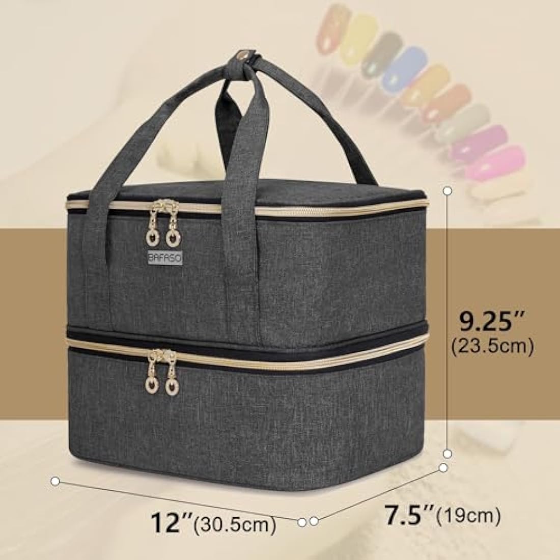 BAFASO Nail Polish Organiser Holds 40 Bottles (15ml - 0.5 fl.oz) and a Nail Lamp, Nail Polish Carrying Case with Manicure Tools Storage Sections (Bag Only), Black (Patented)