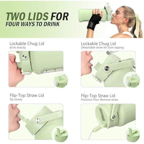 HYDRAGLAZIC 2L Glass Water Bottle with 2 Lids Flip and Chug Lids 2 Liter Large Water Jug with Time Marker and Silicone Sleeve BPA Free Leak-proof for Sports Gym, Light Green