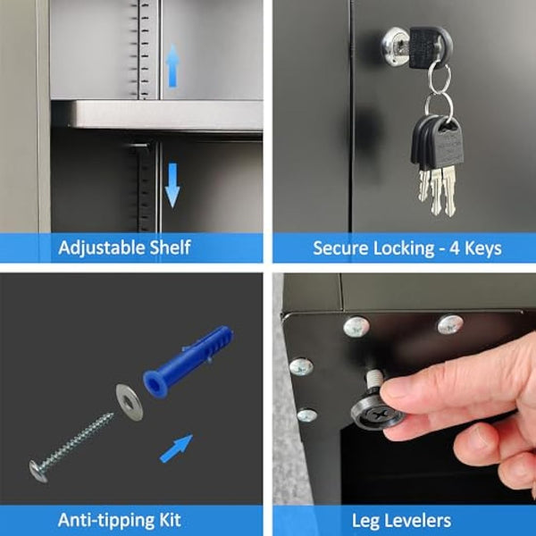 iJINGUR Metal Storage Cabinet with Locking Doors and 2 Adjustable Shelves, Small Lockable Storage Cupboard for Home Office Garage (Black)