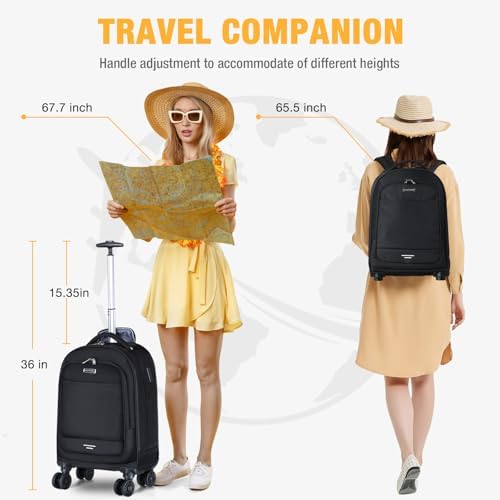 Ponhog Wheeled Backpack - 15.6 Inch Laptop Travel Backpack with 4 Spinner Wheels, Flight Approved Trolley Rucksack for Women & Men, Cabin Approved Carry On Luggage,Black