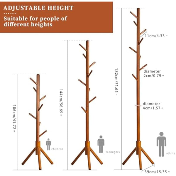Aibiju Coat Rack Free Standing, Coat Tree With 8 Hooks and 3 Height Options, Wood Coat Hanger Stand, Suit for Adults,Kids, Home/Entryway/Hallway (Brown),YD-1006
