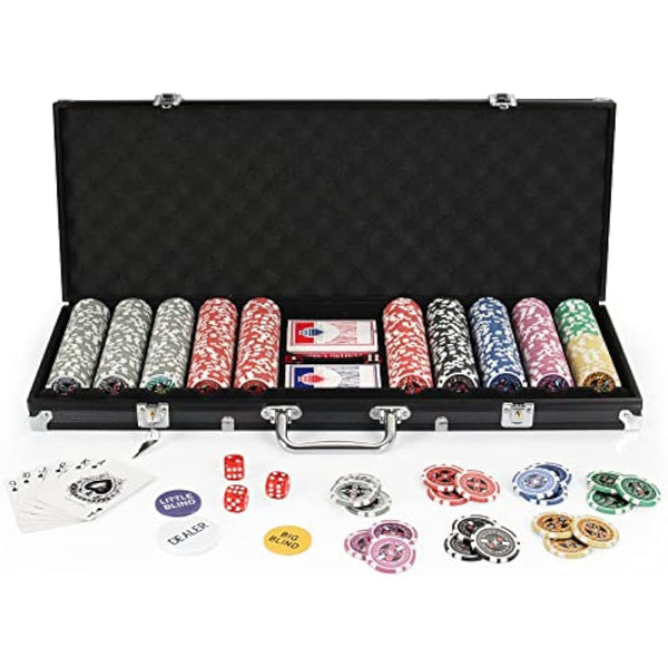 display4top Texas Holdem Poker Chips Set with Aluminum Case,2 Decks of Cards, Dealer, Small Blind, Big Blind Buttons and 5 Dice (500 Piece Chips)