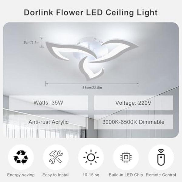 Dorlink LED Ceiling Light Dimmable, 36W 3240LM Modern Design Ceiling Lighting with Remote Control and APP,Acrylic White Flower Fittings Ceilings 3000K-6500K for Bedroom, Kitchen, Dining Room