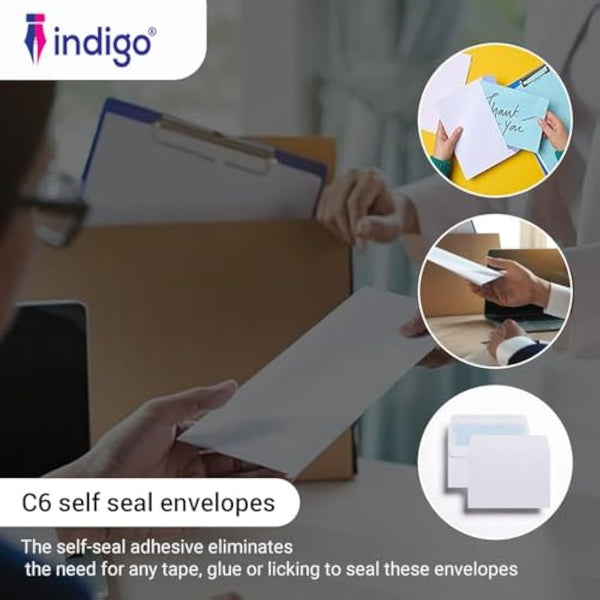 Indigo® C6 White Peel & Seal Envelopes – 114 x 162mm, Professional-Grade, Secure Mailing for Home, Office & Business (Pack of 500)