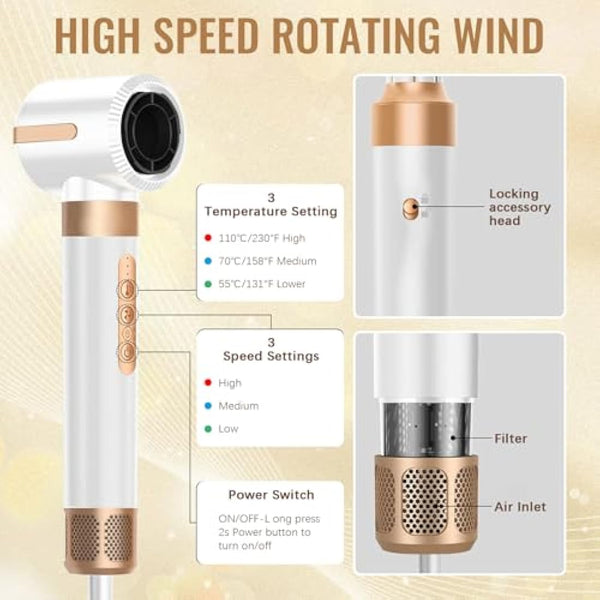 7-in-1 Air Styler, 110000 RPM High-Speed Negative Ionic Hair Dryer with Left and Right Curling Barrel, Straightening Comb, Wind Hood, Concentrator and Curlng Comb, Air stylers for Women (White)