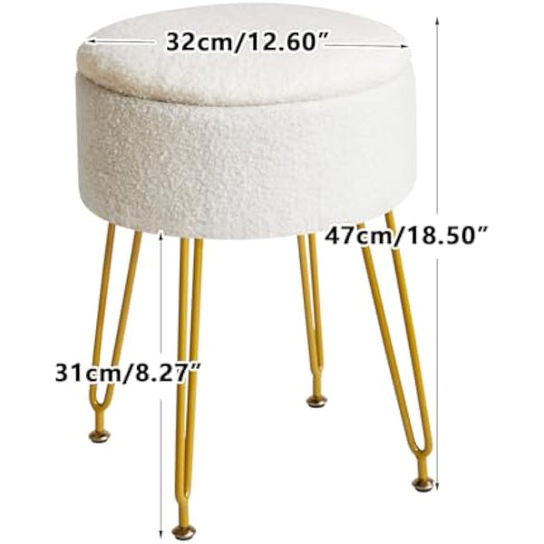 IBUYKE Teddy Velvet Storage Footrest Stool Ottoman, Makeup Vanity Stool Side Table with Removable Cover, Golden Steel Legs, Coffee Table Top Cover, White WBD010W