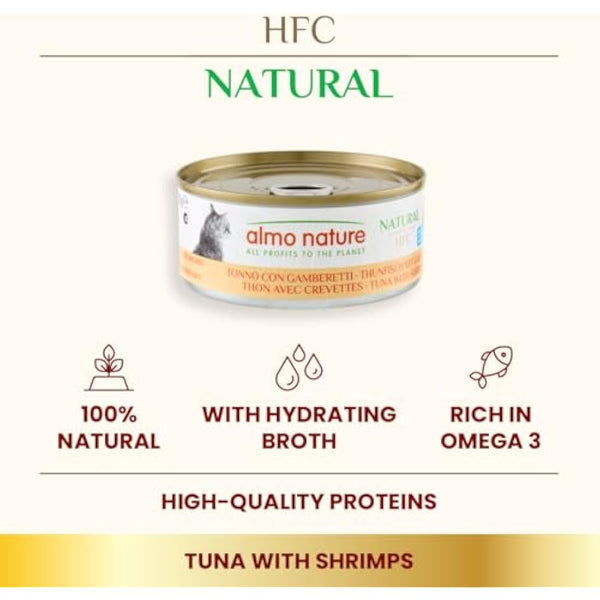 Almo Nature HFC Natural - Wet Cat Food for Cats - Tuna and Shrimps - Gluten-Free, Grain-Free, Human-Grade, Monoproteic - 70g (Pack of 24)