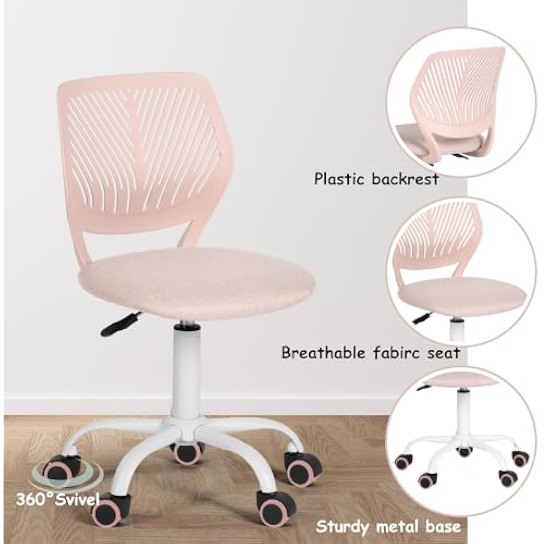 Homy Casa Desk Chair Linen Fabric Seat Ergonomic Swivel Task Chair without Armrest Adjustable Height Office Chair Home Office for Kids Teens, Morandi Pink