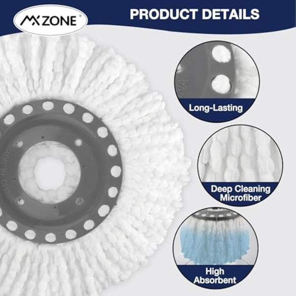 3 Pack Premium Replacement Mop Heads Refill for 360° Rotating Round Spin Magic Mop Microfibre, White