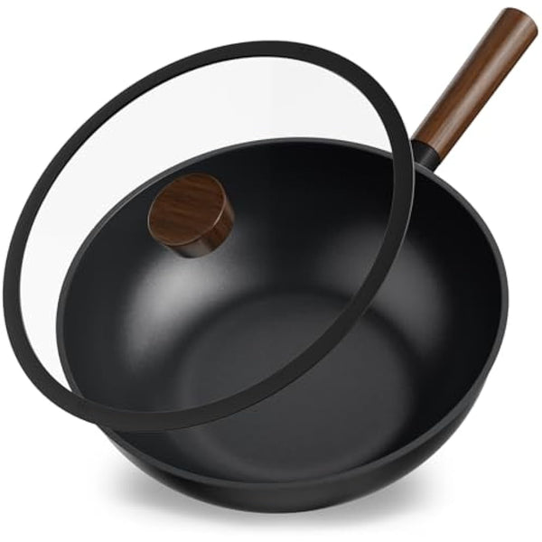 Jobin Wok Non Stick with Lid, 28cm Aluminium Wok Frying Pan, Large Capacity for Cook Asian Dishes for 3-5 People, Ideal for Induction, Gas, All Hobs