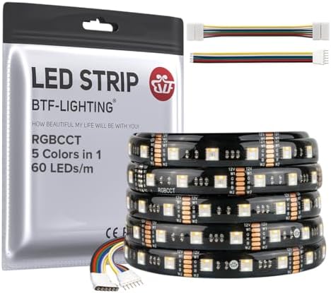 BTF-LIGHTING RGBCCT 5 Colors in 1 5050SMD LED Strip DC12V 5M 60LEDs/m 300LEDs RGB+Warm White+Cold White Black PCB IP65 Waterproof for Room Kitchen Decoration(Controller and Power Supply Not Included)