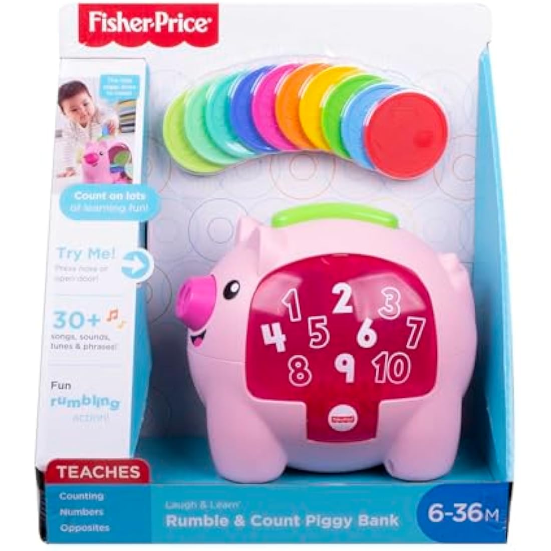 Fisher-Price Laugh & Learn Count & Rumble Piggy Bank, musical baby toy with fun motion action, GJC68
