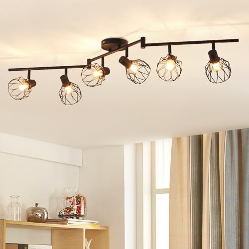 ANWIO Kitchen Spot Lights Ceiling,6 Way Black Lounge Industrial Wall Lights-Adjustable SpotLights Ceiling Lights Wire Cage with E14 Base,Light Fittings Ceilings for Kitchen Living Room(EUC-EA190813)