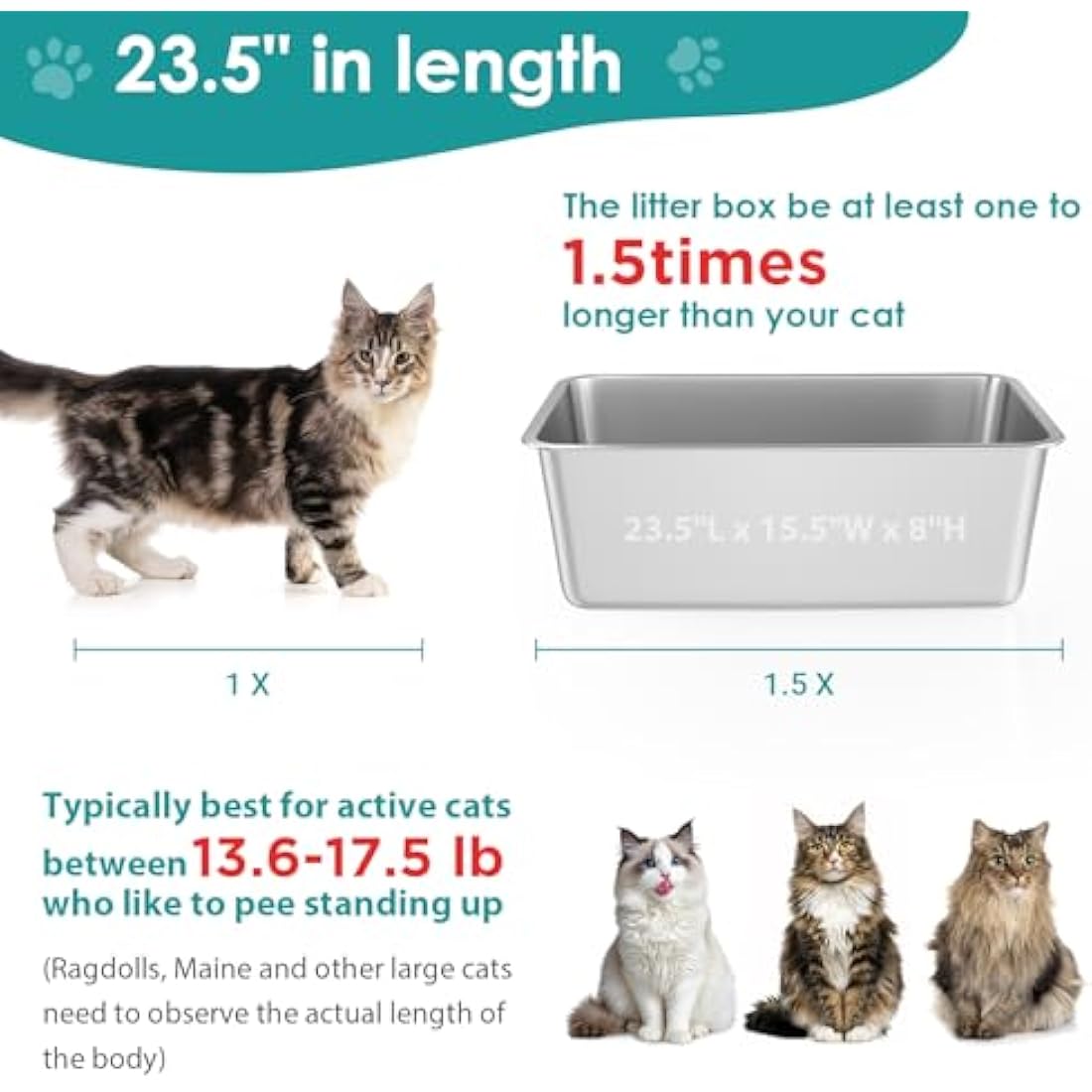 IKITCHEN Stainless Steel Cat Litter Box, Extra Large High Sided Litter Box, Metal Litter Box for Cats Rabbits, Never Absorbs Odors, Rustproof, Non Stick Smooth Surface, 23.5" L x 15.5" W x 8" H