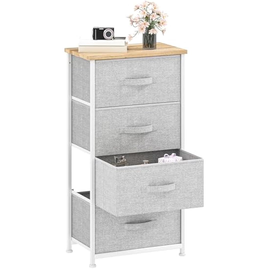 DWVO Chest of Drawers, 4 Fabric Drawers Bedroom Cabinet,Dresser for Bedroom,Living Room With Handles,Wood Top and Sturdy Steel Frame,Light Grey