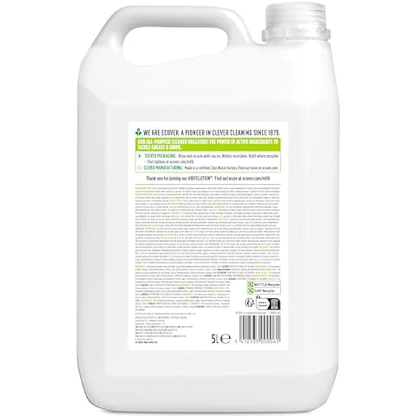 Ecover All Purpose Cleaner Refill, Tackles Dirt & Grime, For Hard Surfaces, Lemongrass & Ginger Scent, Pack of 1, 1 x 5L