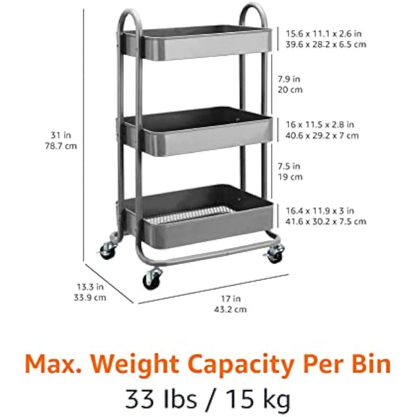 Amazon Basics 3-Tier Rolling Utility or Kitchen Cart - Charcoal