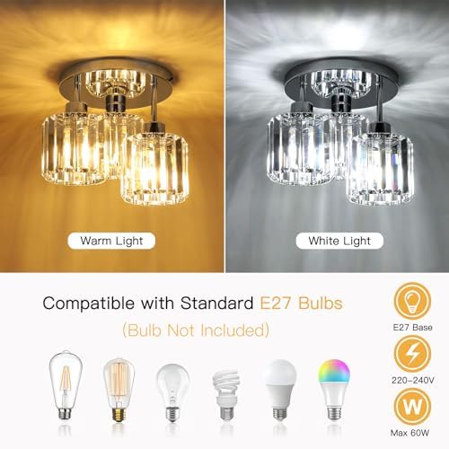 FORCOSO Ceiling Light 3 Lights, Modern Light Shade Crystal Light Fitting, Semi Flush Chandelier Lampshade, E27 Lighting Fixture for Living Room Bedroom Hallway Kitchen Dining Room Foyer Chrome