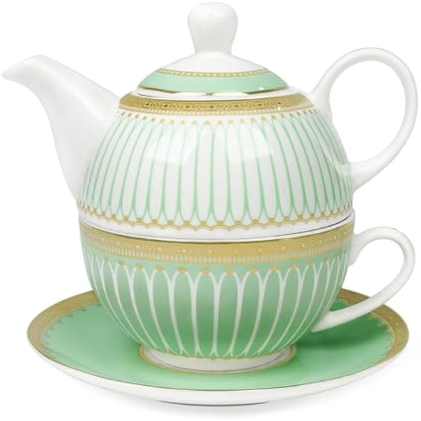fanquare Teapot Cup and Saucer Set, British Afternoon Tea Set for One with Gold Trim, Porcelain Teapot for Adults Gift, Green Stripes