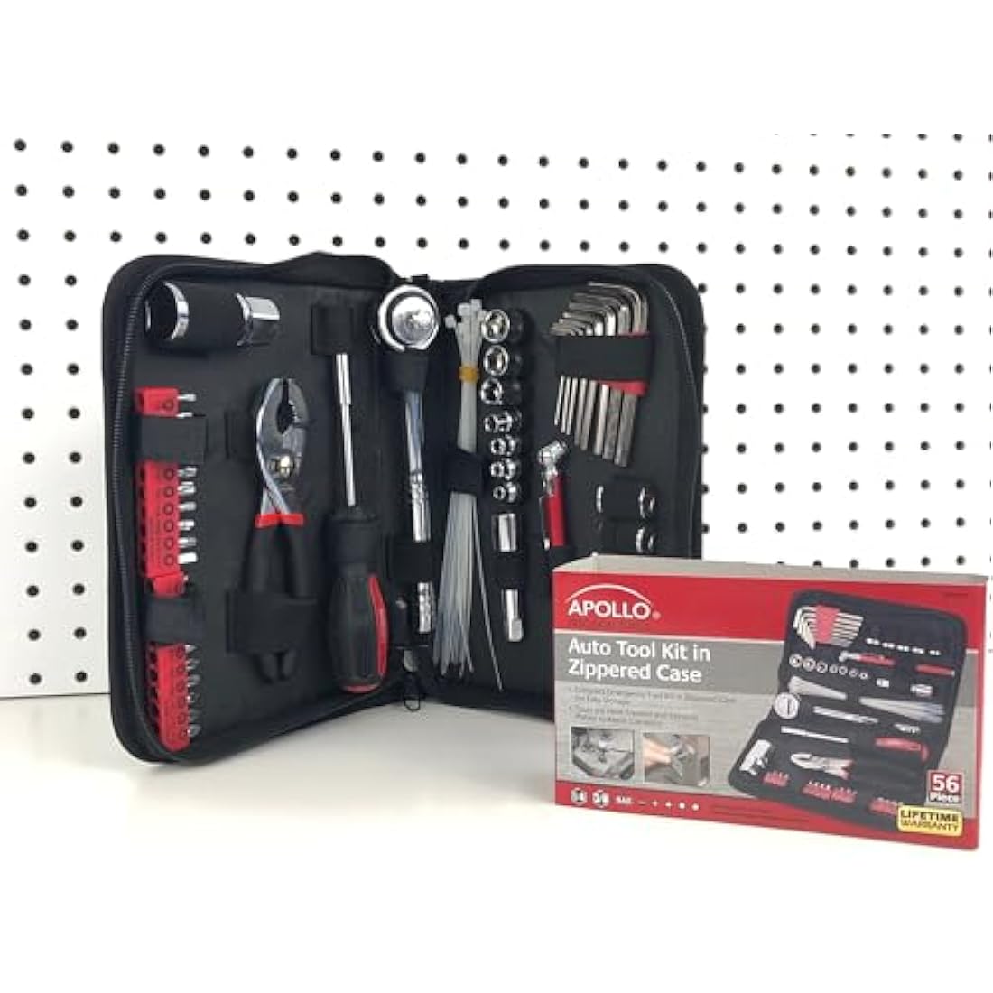 Apollo Tools 56 Piece Compact Metric Auto Tool Set in Zippered Case, Small Mechanic Tool Set for Car, Motorcycle Repair on The Road, Great for Travel - Red - DT9775