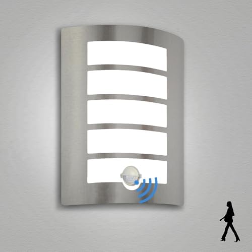 Wondlumi Outdoor Wall Lights with PIR Motion Sensor, Curved Outside Light Mains Powered Stainless Steel IP44 Waterproof for Porch Patio, Incl. 1x 12W Cool White E27 Bulbs