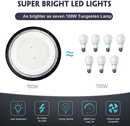 CheDux 150W UFO LED High Bay Light 4 Pack,15000LM Industrial UFO Lamp, 6000K-6500K Daylight White Ultra Thin LED Warehouse Lighting,IP65 Waterproof Commercial Bay Lighting Shop Workshop Lights