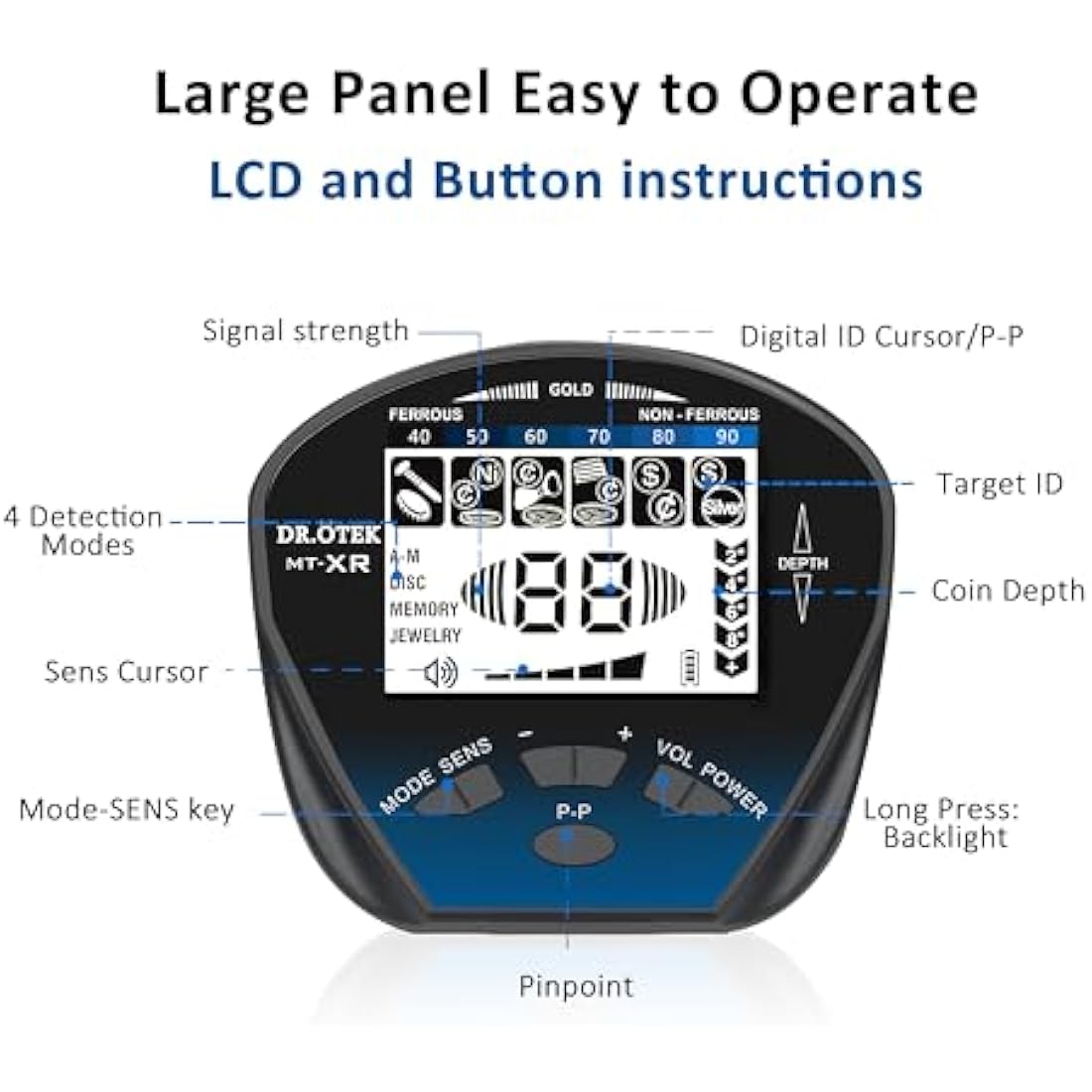 DR.ÖTEK Metal Detector for Adults Professional, Lightweight, Pinpoint & Exclusive Memory Mode, Higher Accuracy, IP68 Waterproof Coil, Bigger Backlit LCD Display, New Advanced DSP Chip