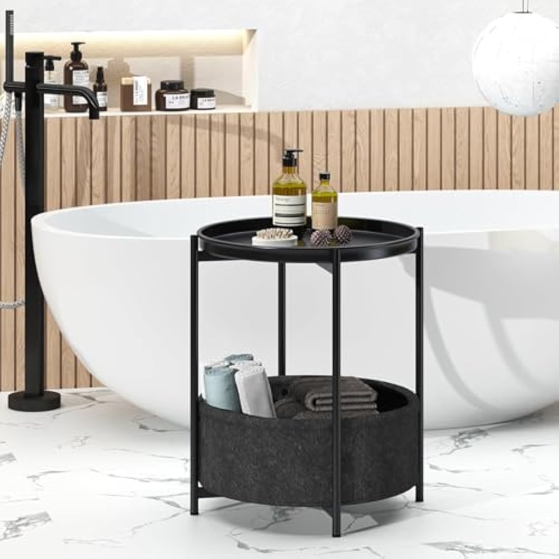 Huhote Side Table, Round End Table with Fabric Basket, Small Bedside Tables, Nightstand Sofa Tables for Living Room, Bedroom, Bathroom, Balcony, Modern Style (Black)